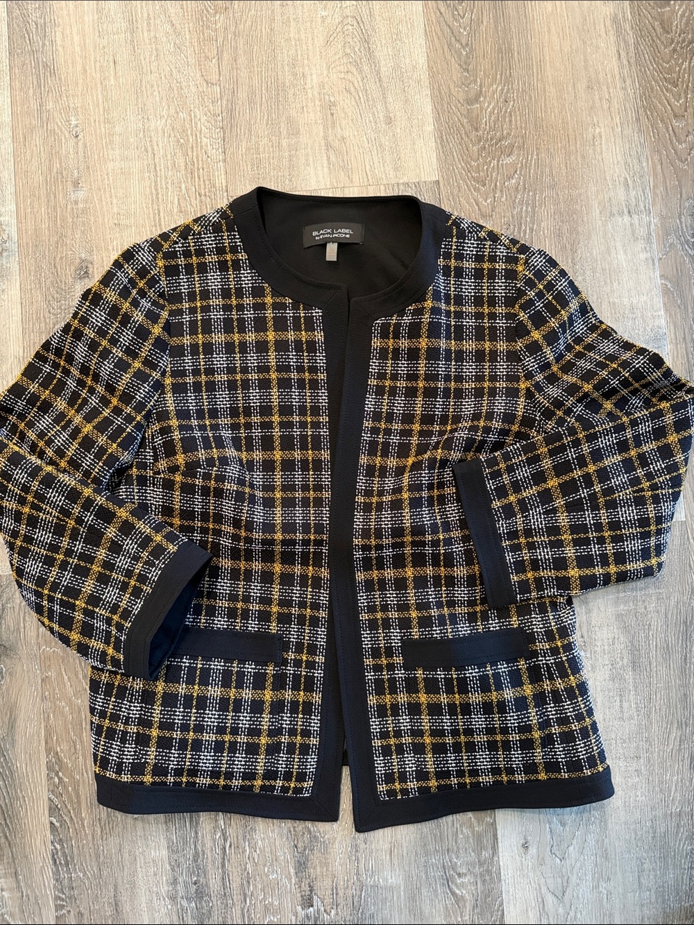 Evan Picone Black Label Navy & Gold Plaid Tweed Jacket sz 14